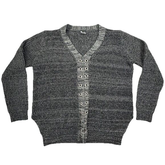 Cala Sweaters - Cala Gray Sweater Womens Large V Neck Silver Grommet Detail Long Sleeve